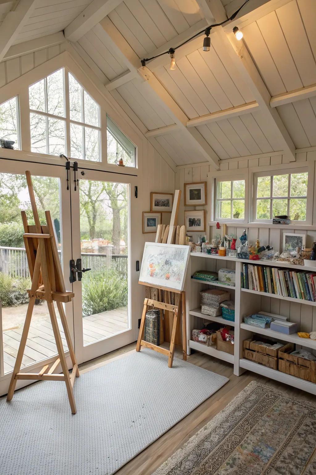 Design an illuminated and inspiring art space in your shed.