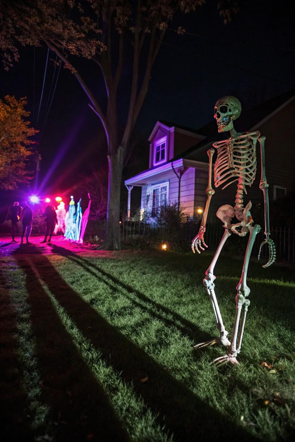 Artful illumination transforms the skeleton into a nighttime marvel.