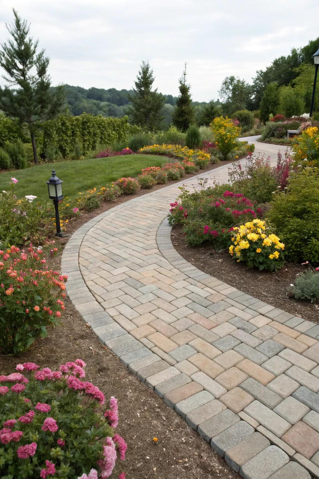 A curved path that harmoniously winds through the garden.