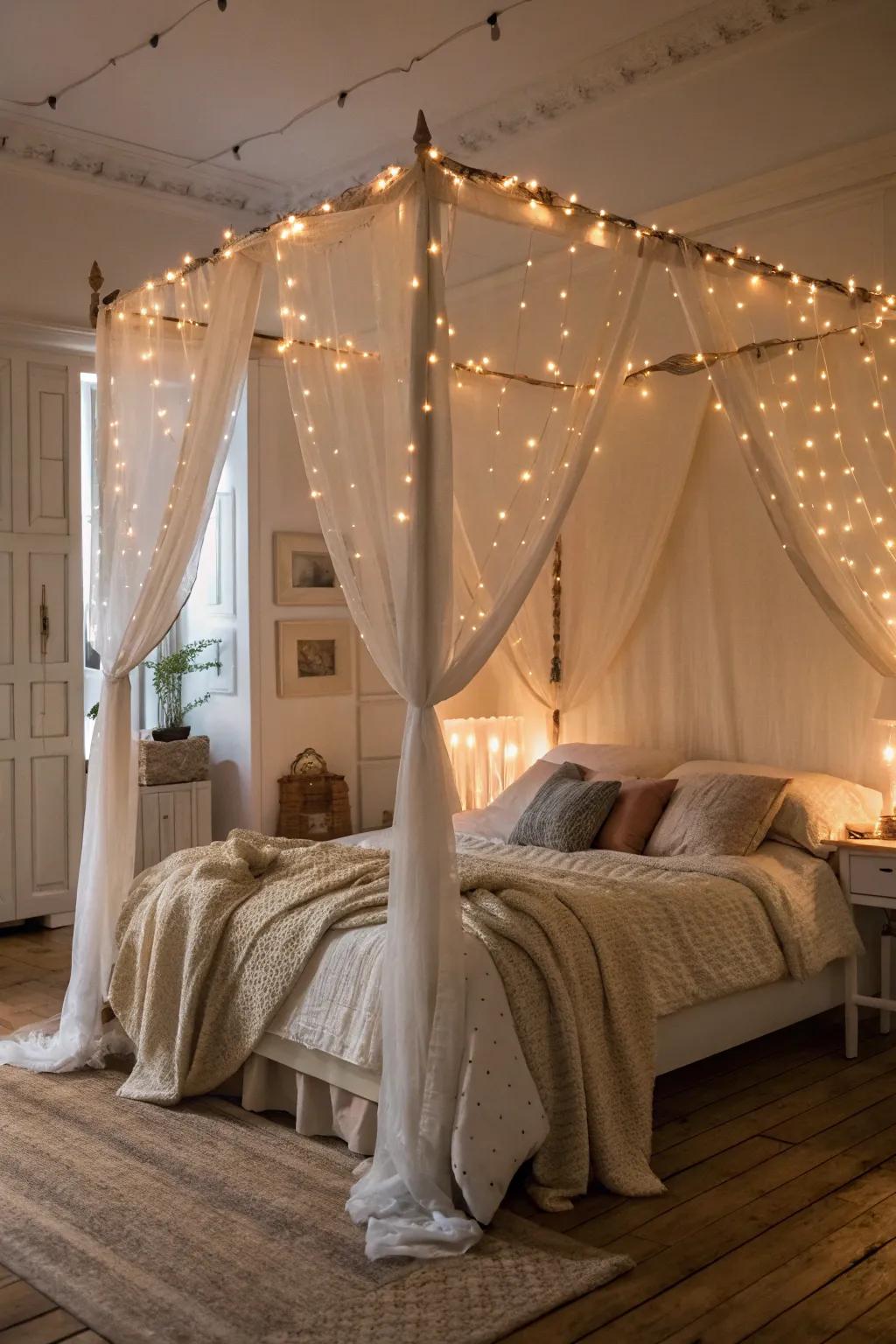 A whimsical canopy bed embellished with radiant twinkling lights.