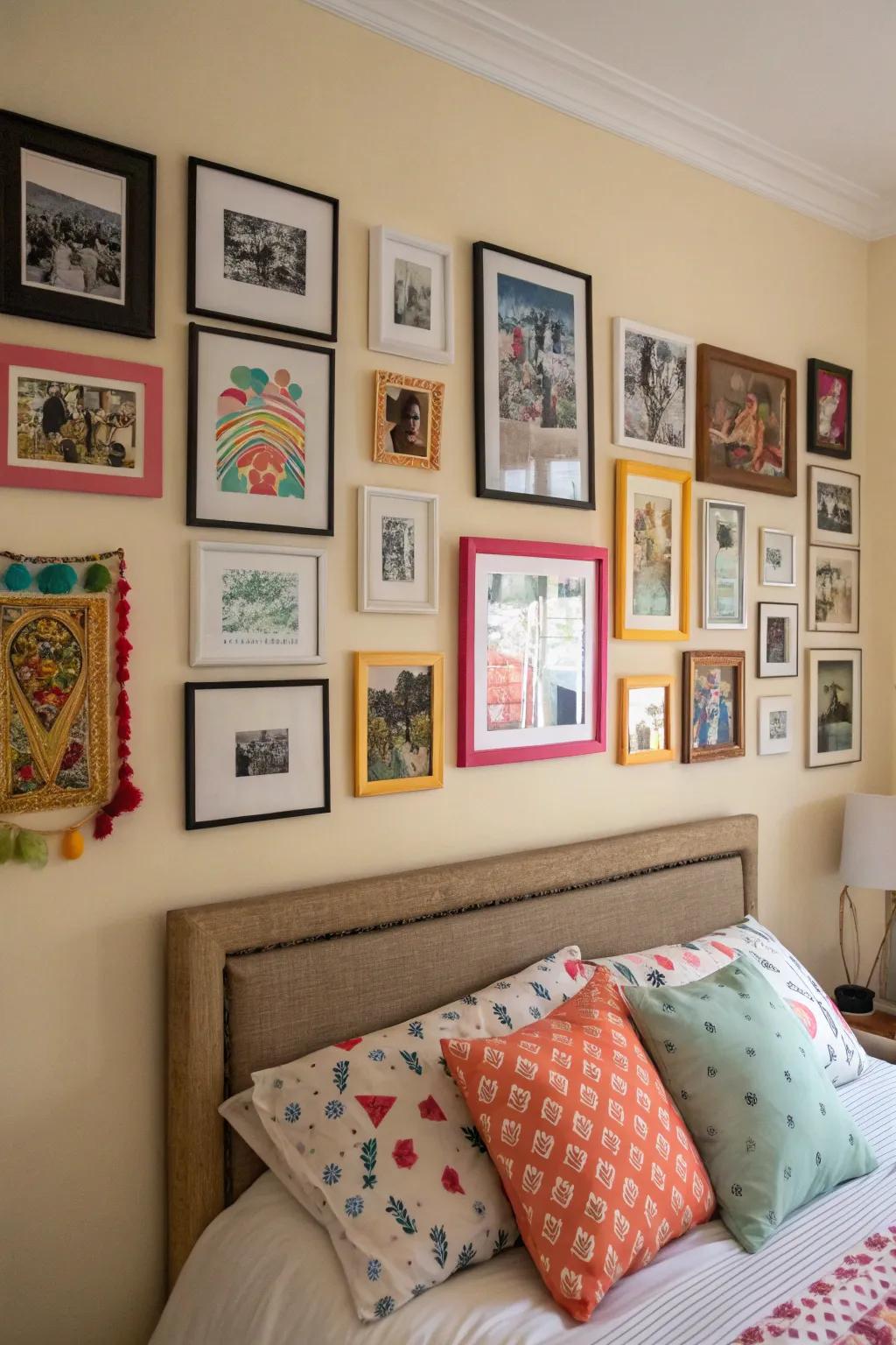 A memory wall displaying personal art and cherished moments.