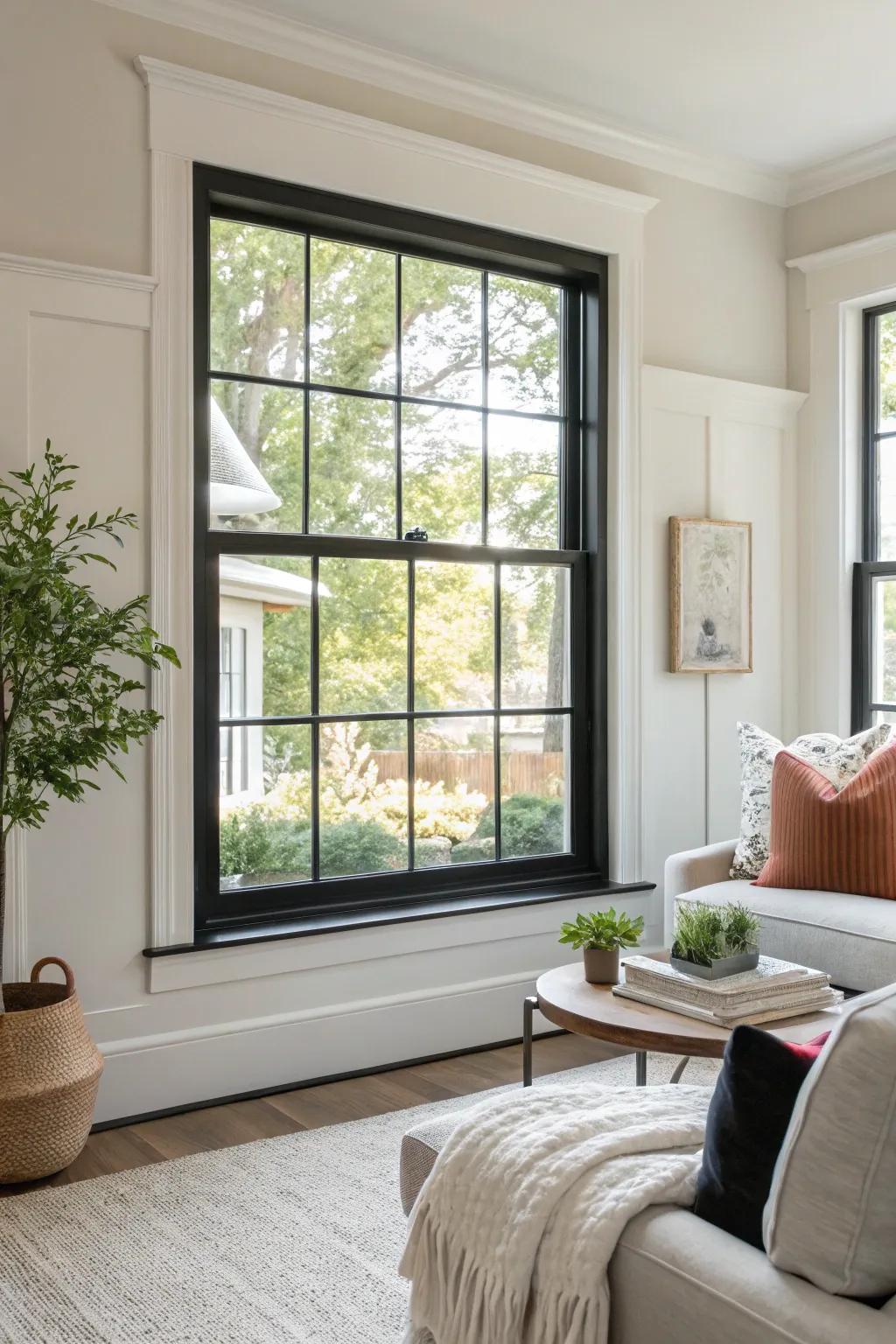 Black trim provides a bold contrast to bright walls.