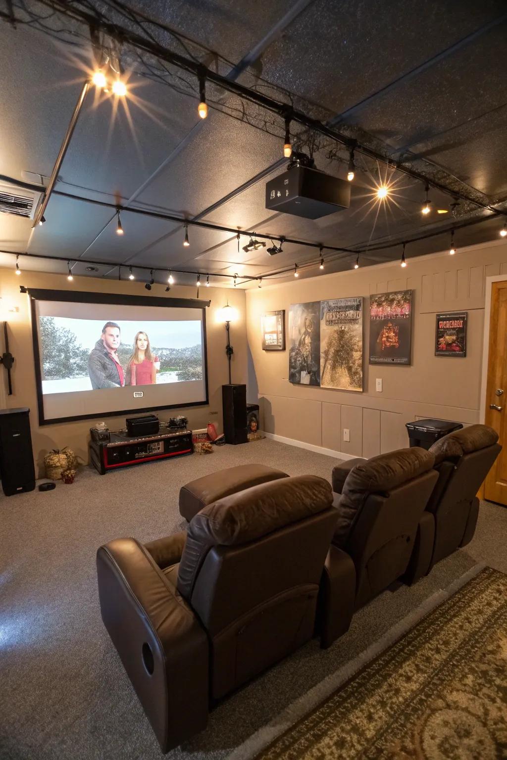 Transform your garage into a cinematic escape with plush seating and a big screen.