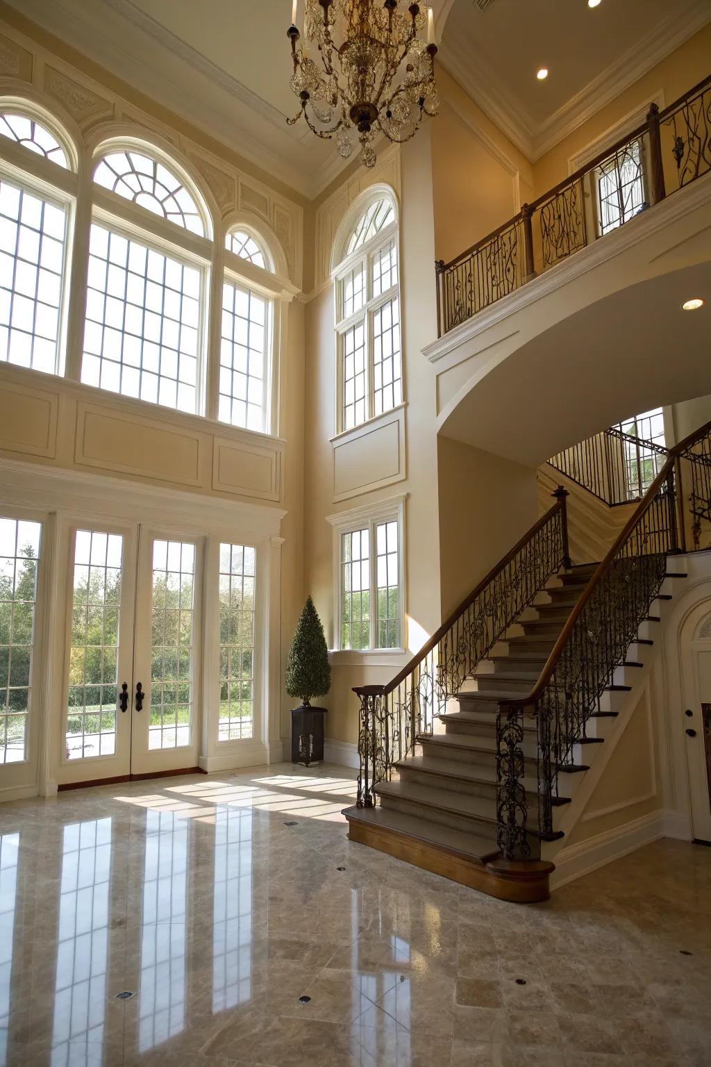 Sunlight streaming through towering windows establishes a delightful ambiance.