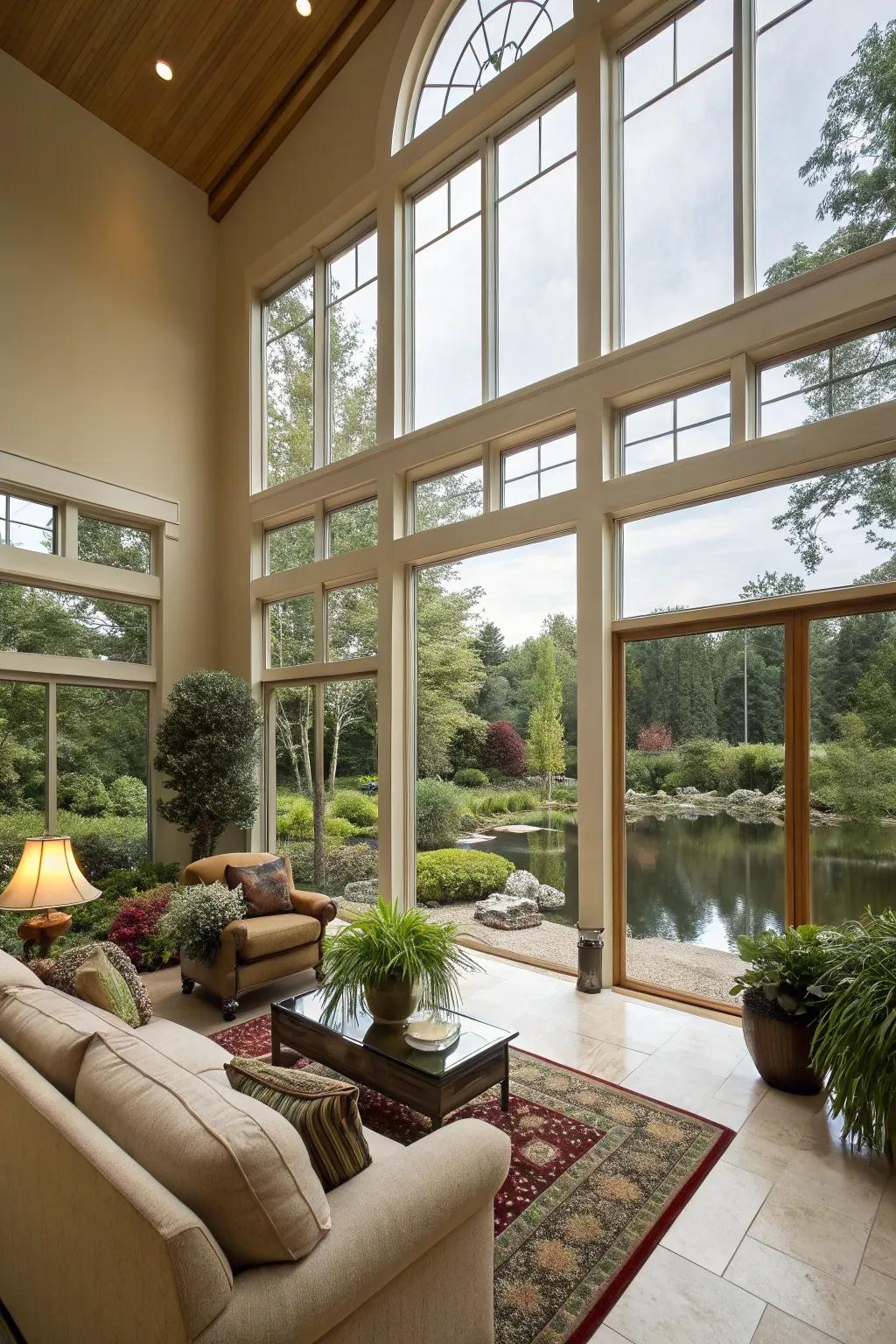 Floor-to-ceiling windows enhance the perception of space and connection to the outdoors.