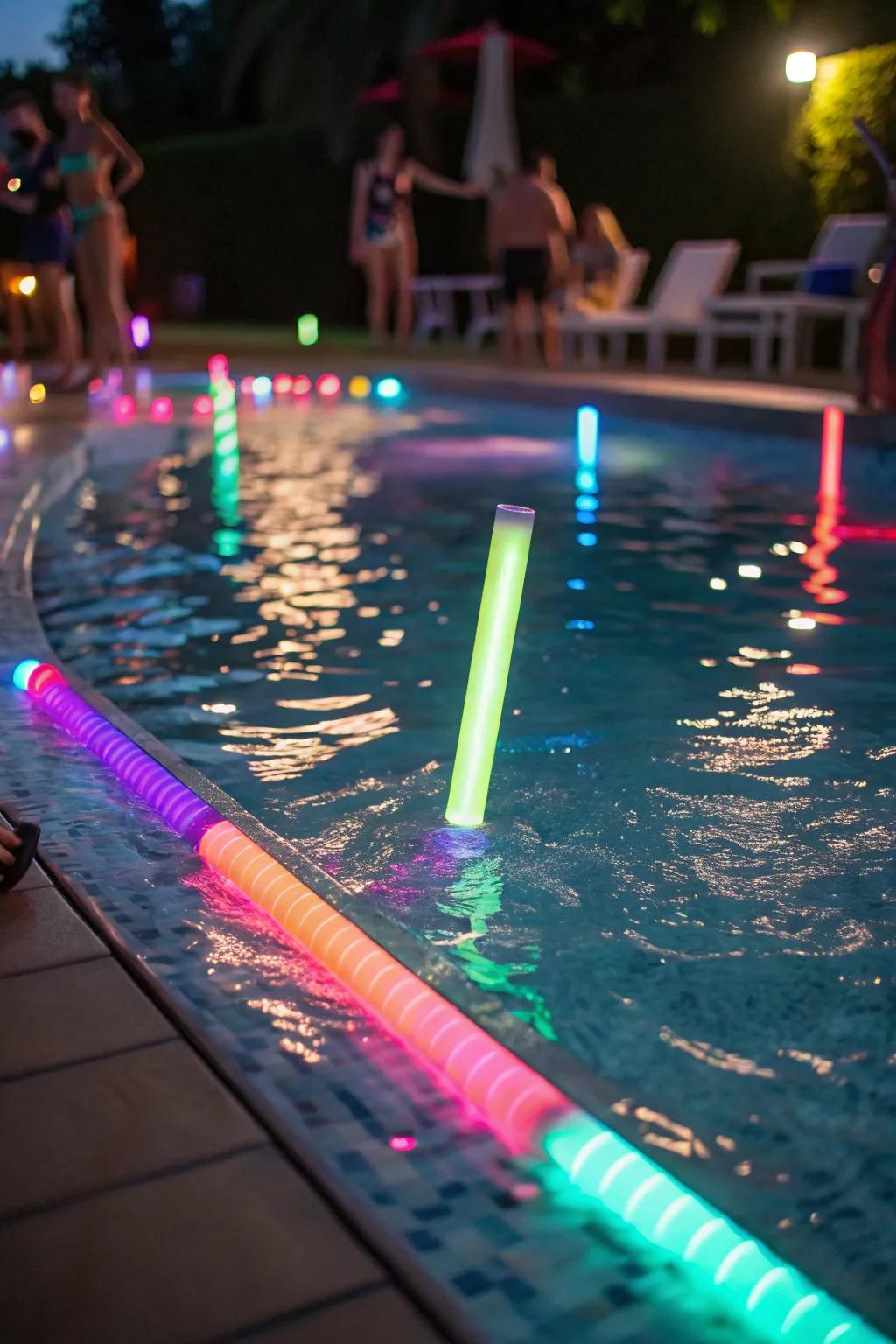 Neon aspects bring a captivating touch to your evening pool party.