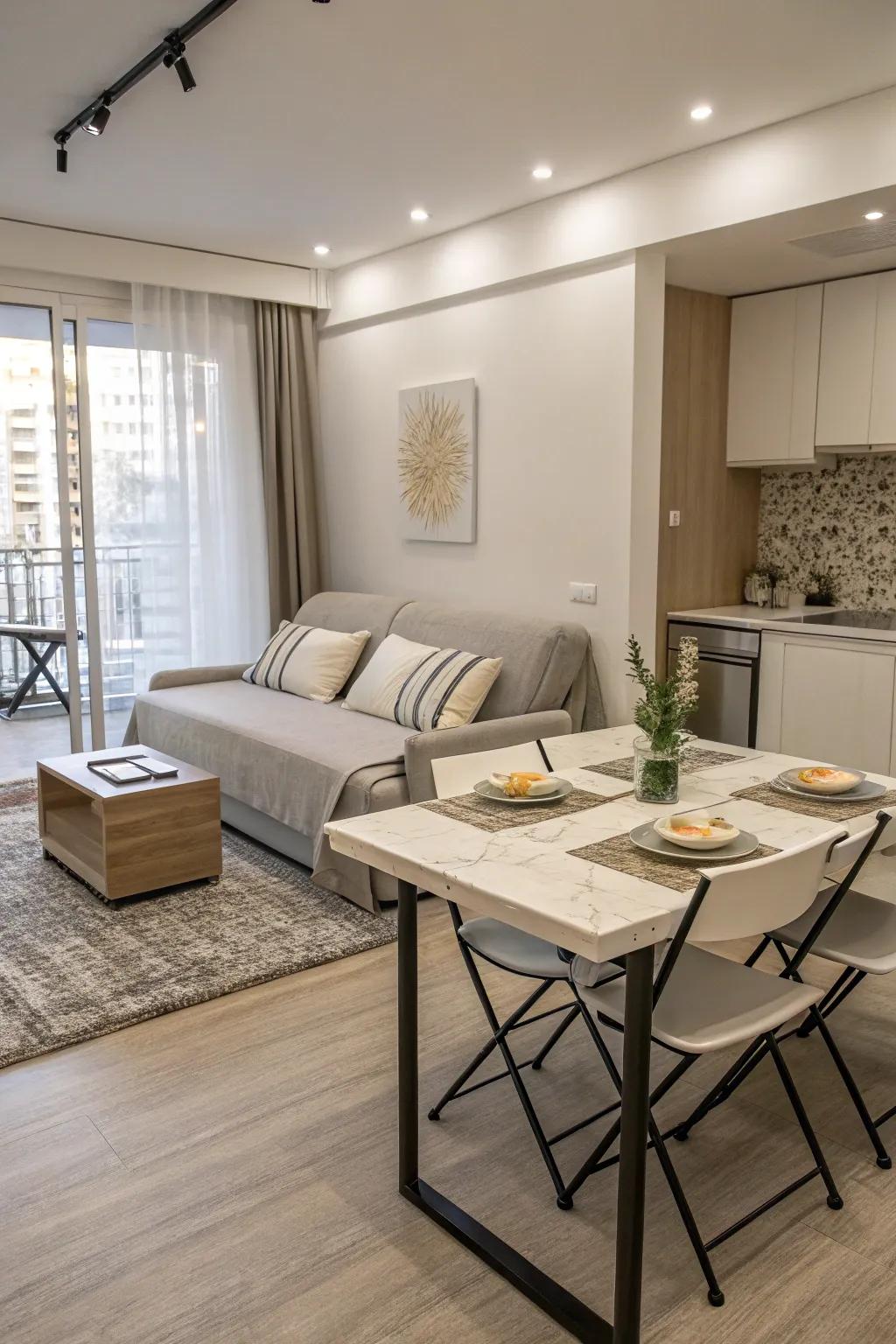 Practical furnishings maximize utility in small spaces.