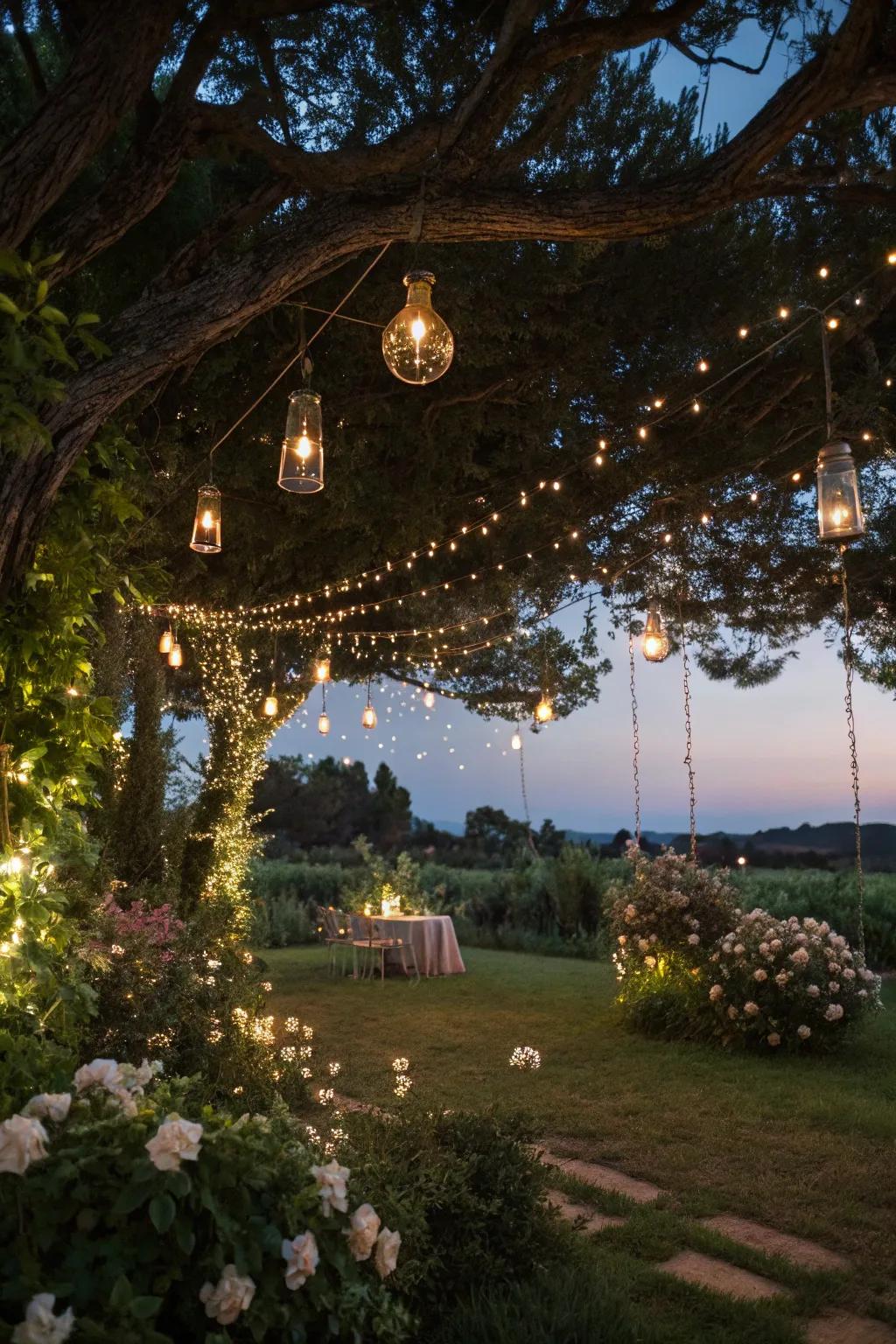 Captivating ornamental lights illuminating a garden celebration.