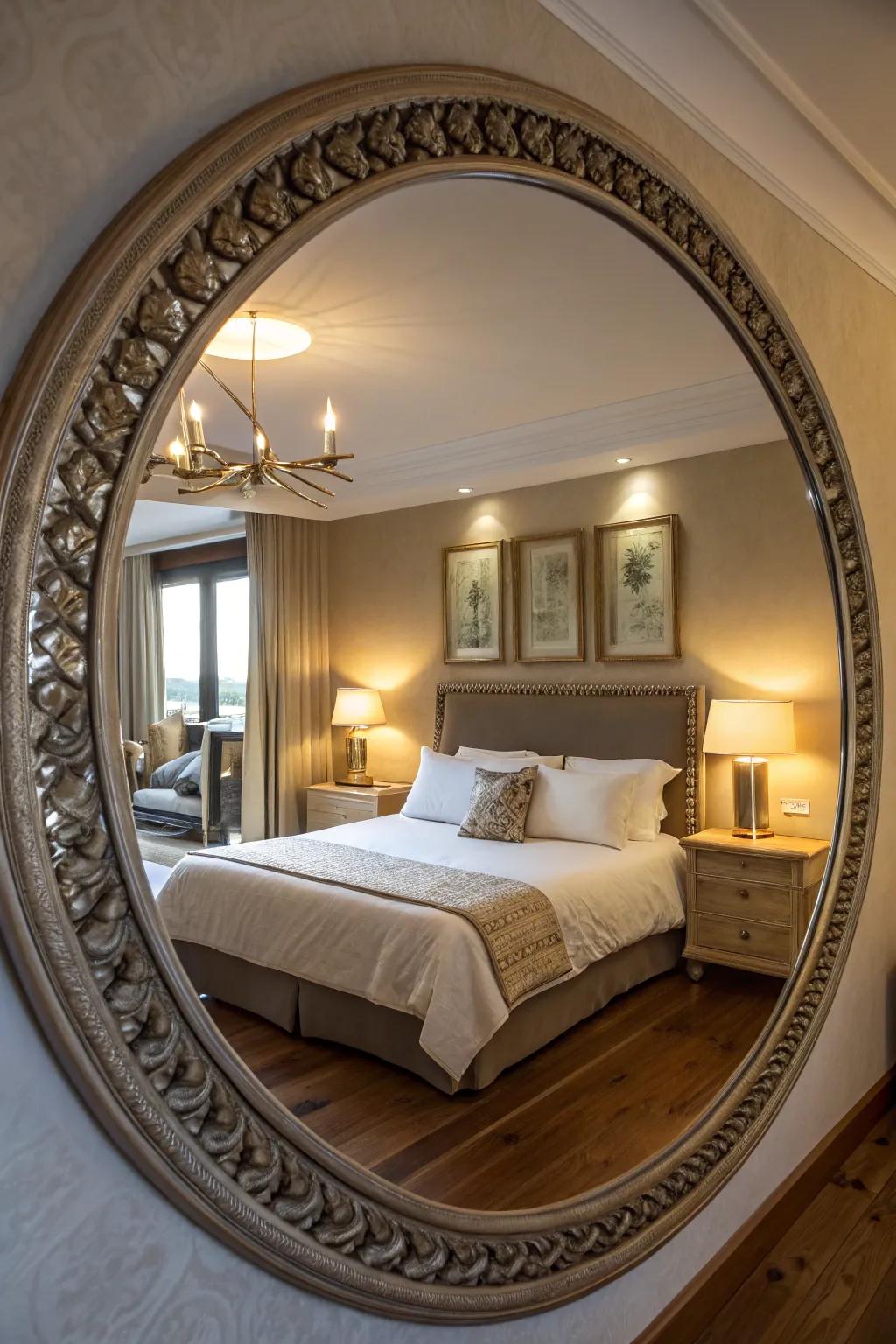 An elegant circular mirror boosts light and enhances the space over the bed.