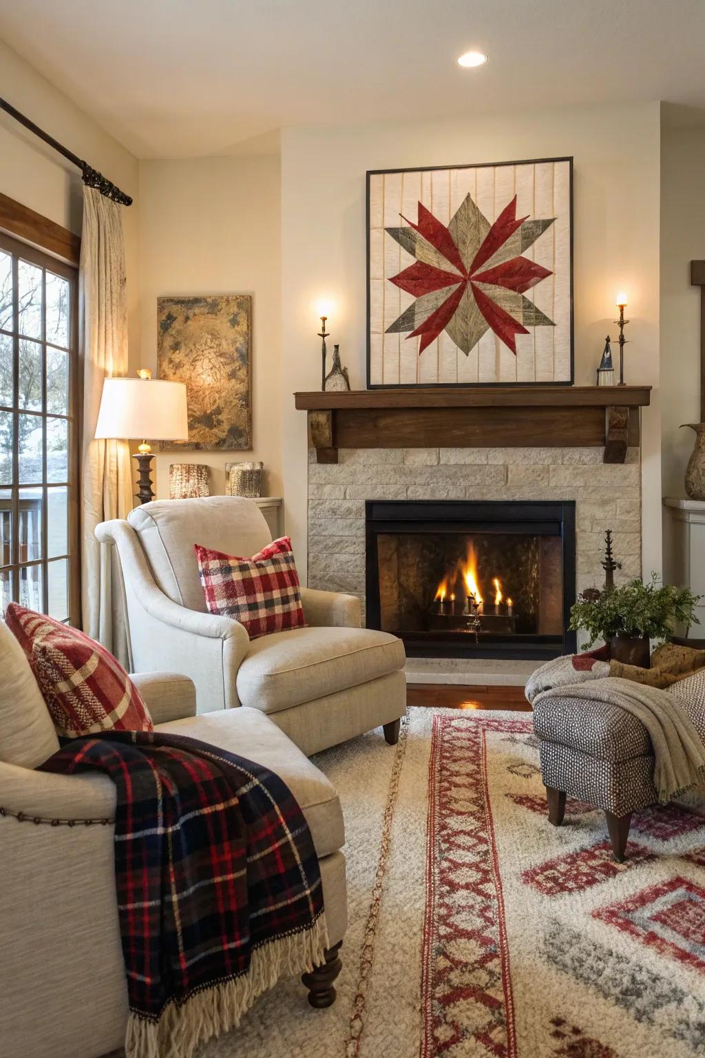An impactful art piece lends character and panache to the space above the fireplace.
