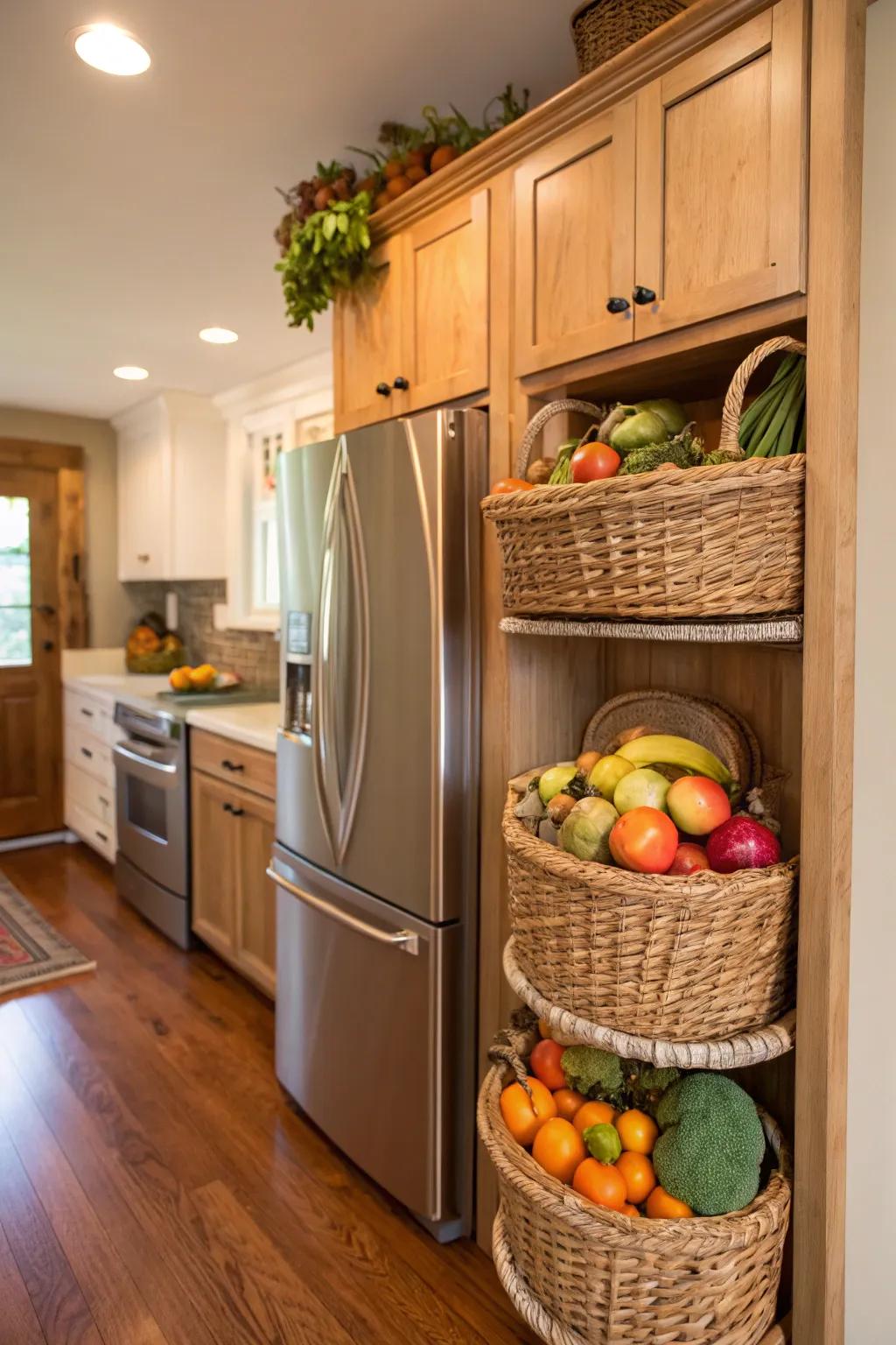 Decorative baskets provide an attractive and functional storage solution.