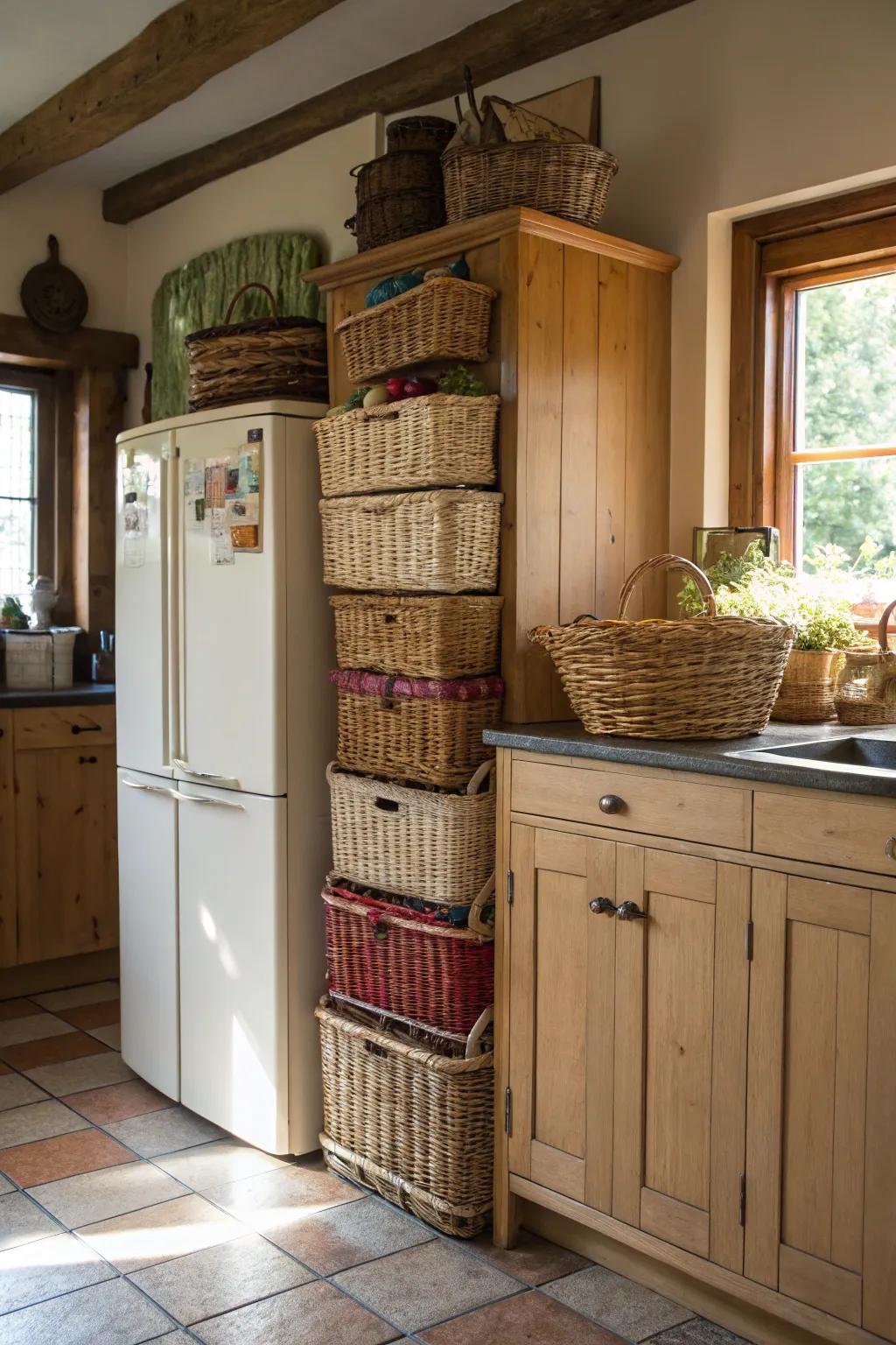 Woven baskets bring both style and organized storage for the space above your refrigerator.