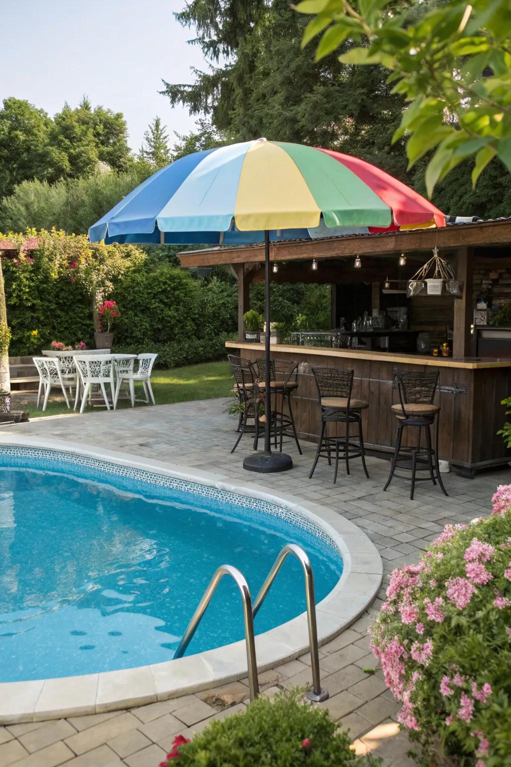 Introduce lively shade to your pool bar using a stylish umbrella.