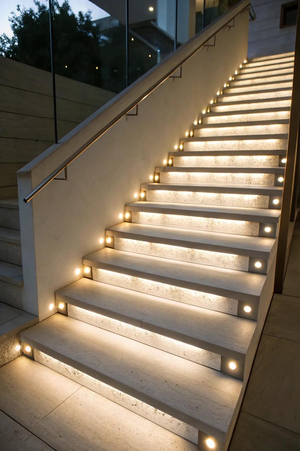 Lights add drama and make stairwells safer.