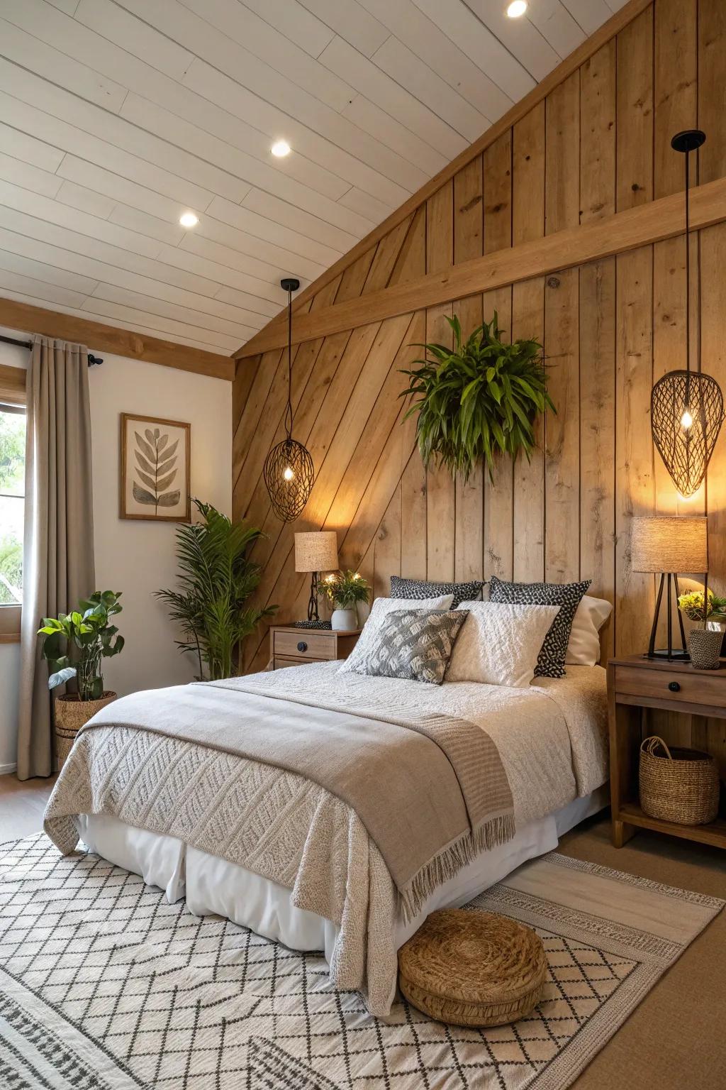 Wood paneling infuses nature and warmth into this tranquil bedroom setting.