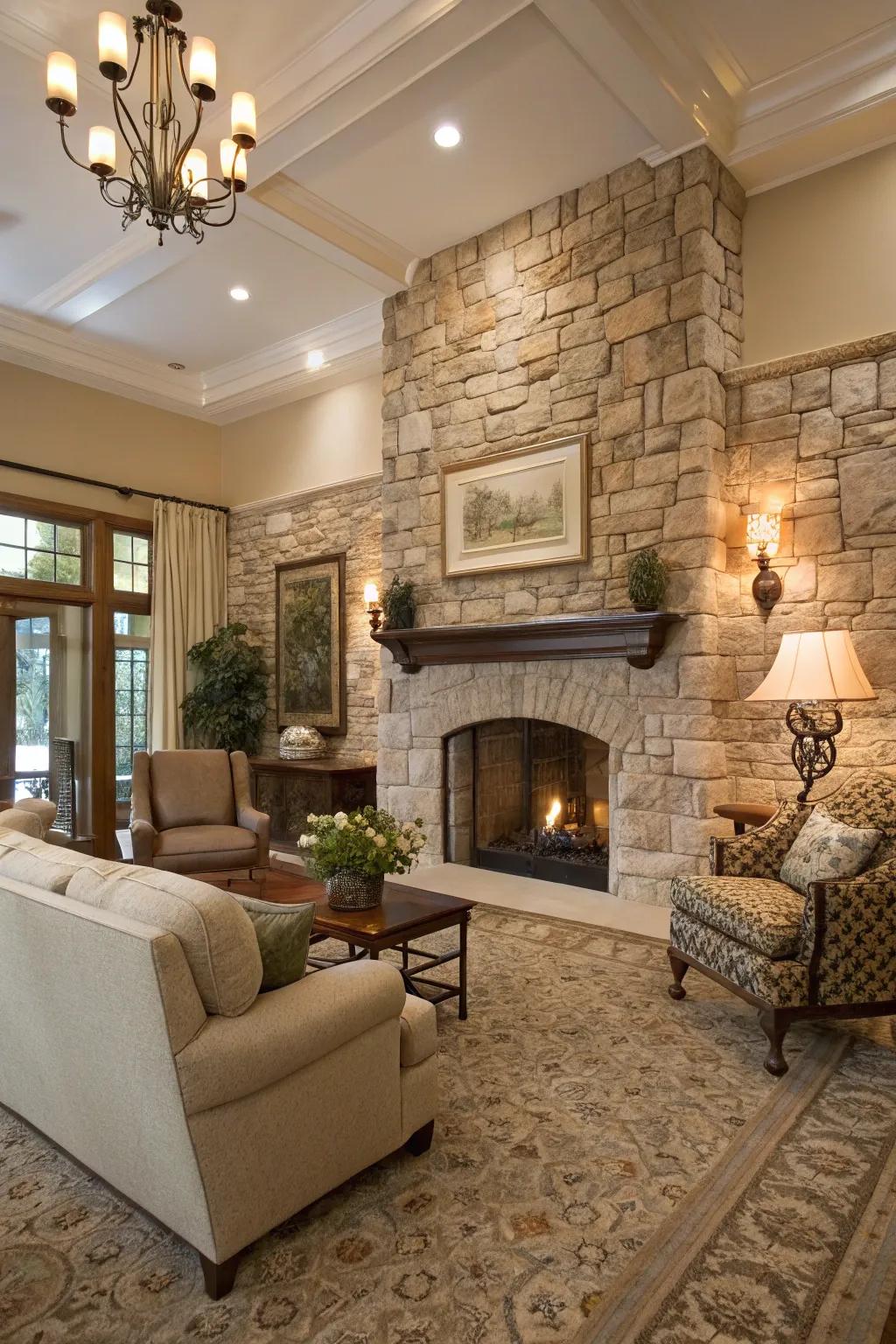 The textured stone accent wall exudes warmth and sophistication.