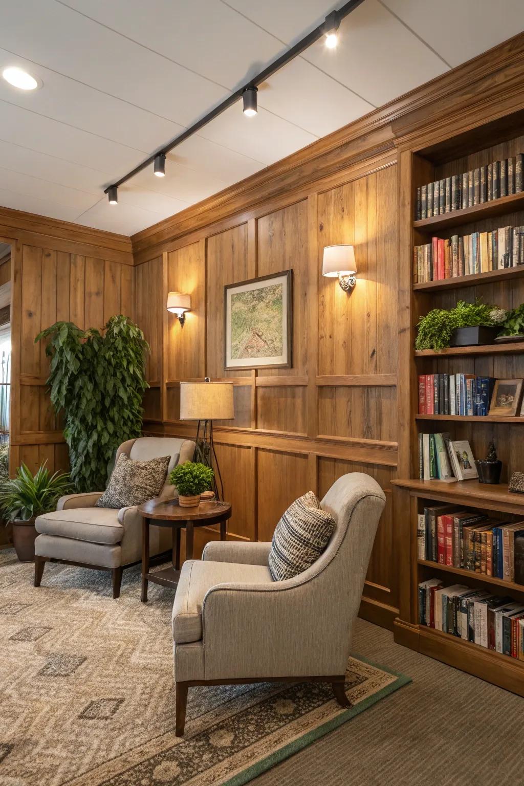 A workspace emphasizing a lumber-paneled accent wall for enhanced warmth.