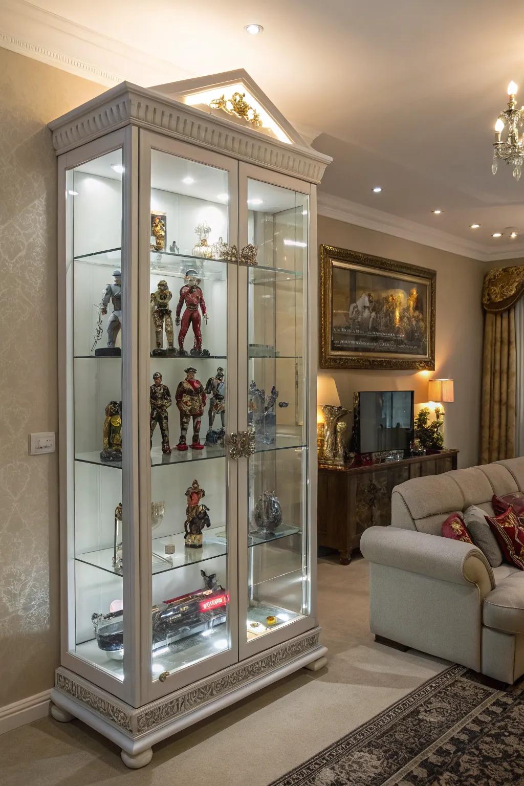 Glass cabinets offer protection and clear visibility for your action figures.