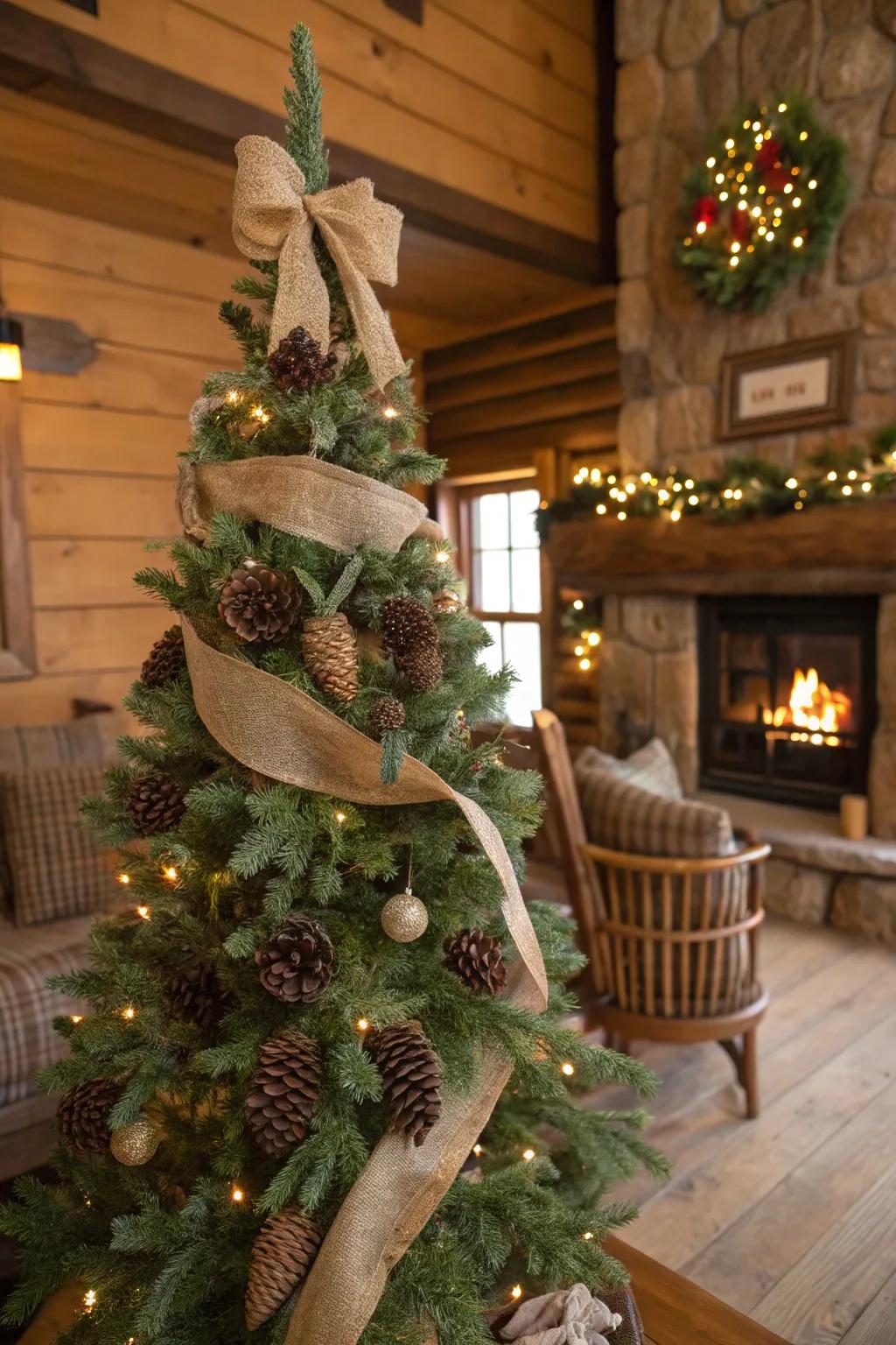 A down-to-earth Christmas tree embellished with nature-inspired elements to evoke the feeling of a comfortable cabin.