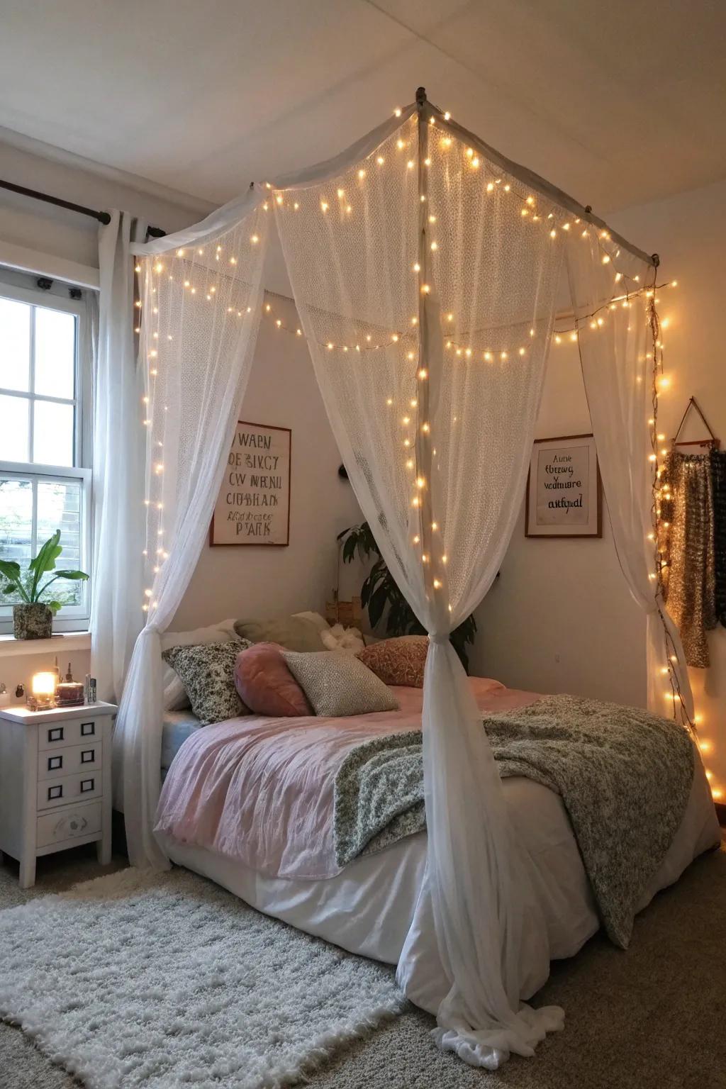 Design a serene sleep sanctuary with a luminous fairy light canopy.
