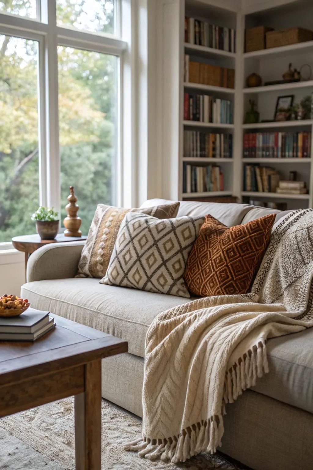 An inviting living area replete with layered textures, designed for ultimate comfort.