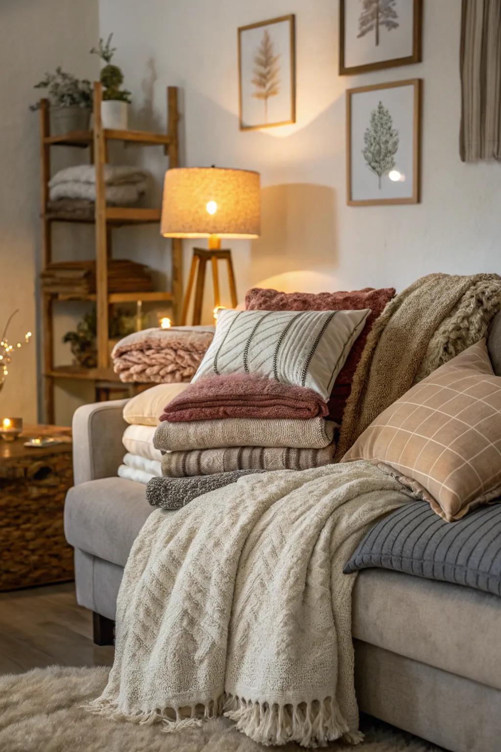Arranged fabrics fashion a snug and welcoming area.
