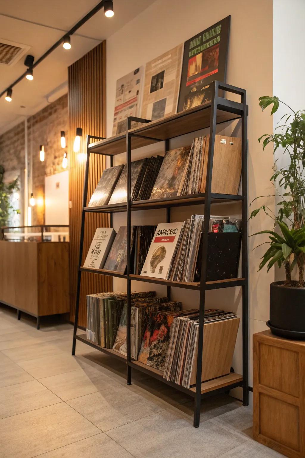 A refined multi-level storage solution for organizing vinyl records and books.