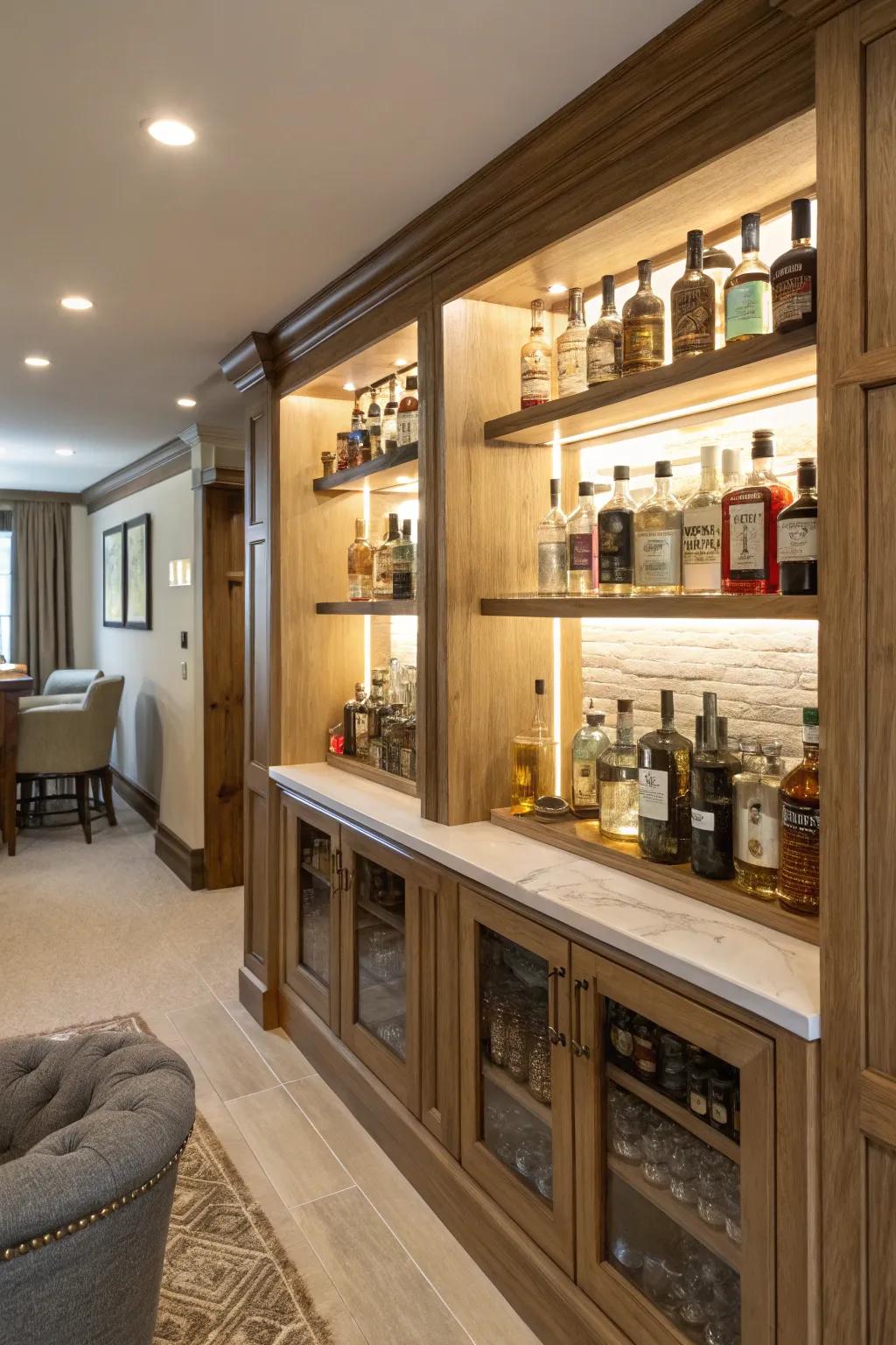 An elegant home bar corner with built-in shelves for a neat appearance.