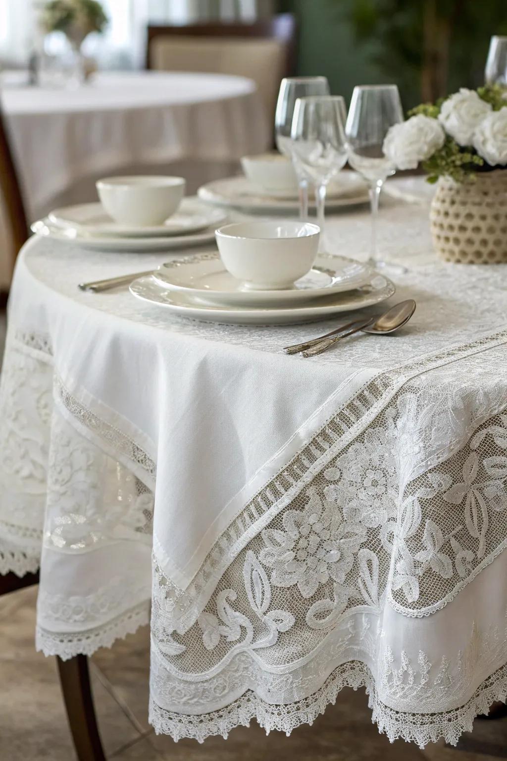 Layered white linens impart sophistication and tactile interest to the dinner table.