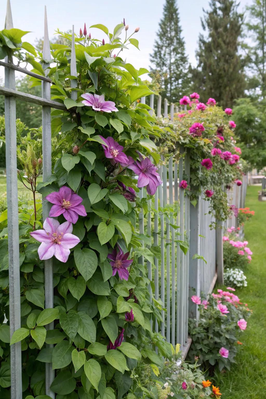Blooming climbers contribute romance to a metal alloy barrier.