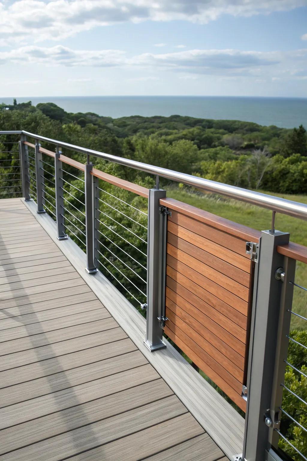 A chic blend of alloy and timber borders on a deck.
