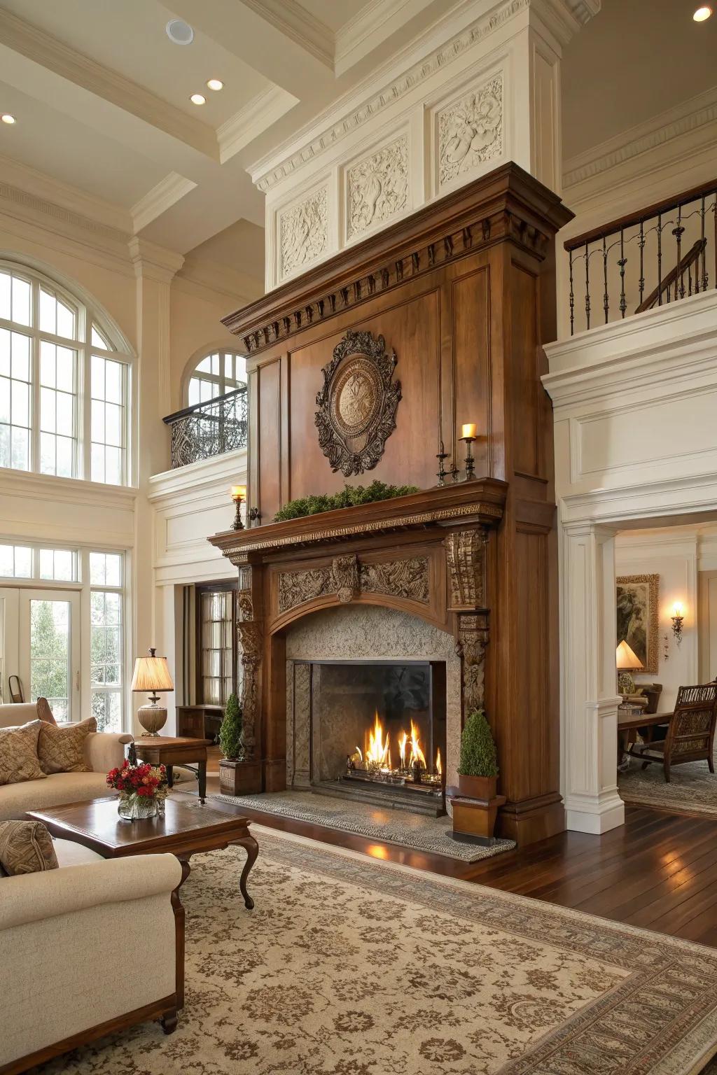 A grand fireplace as the comfy centerpiece in a colonial lounge.
