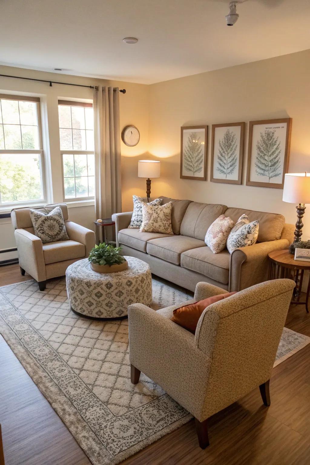 A seating arrangement designed for conversation in a compact living space.