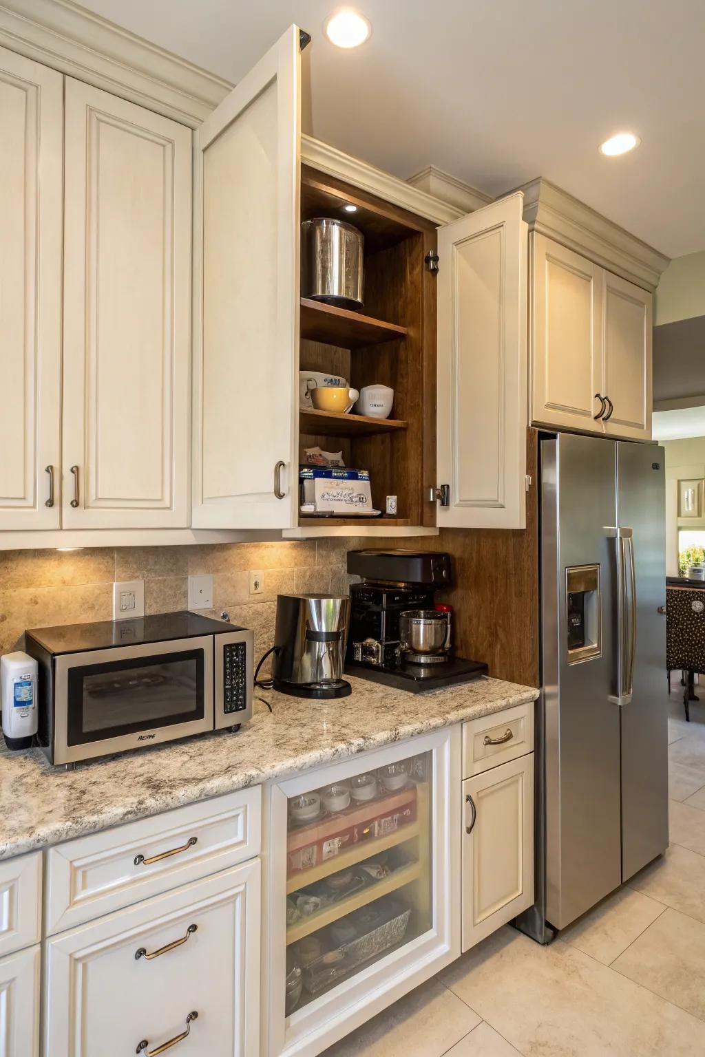 Lift-up doors gracefully unveil hidden kitchen appliances, combining convenience with style.