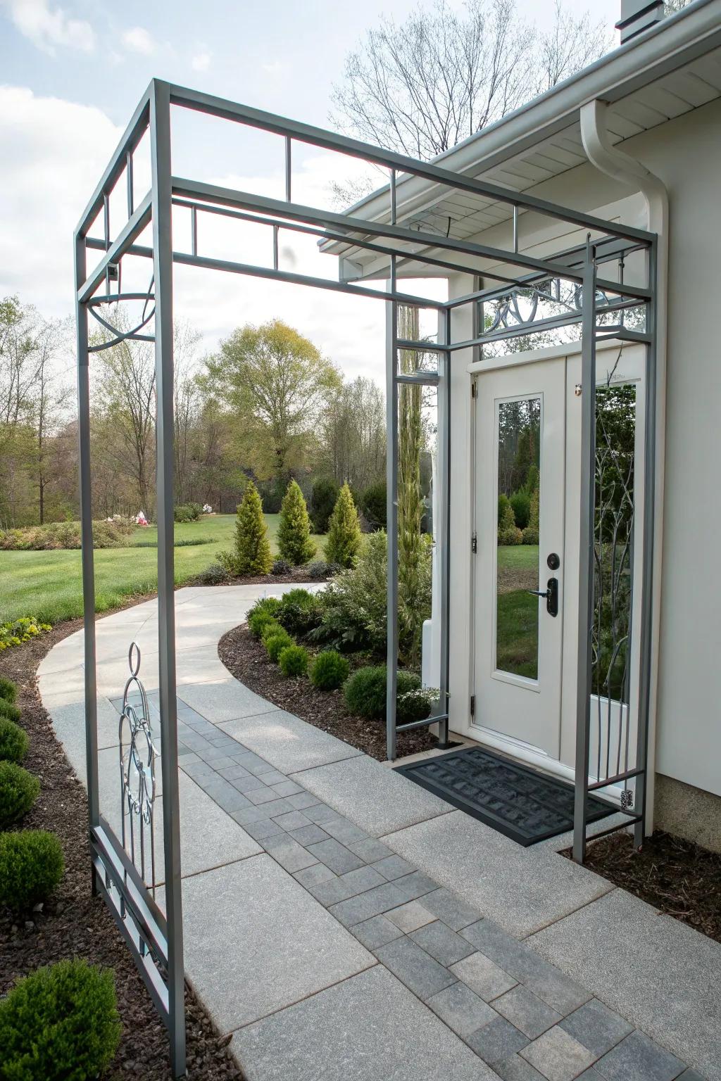 A contemporary metal arbor featuring a geometric motif for a modern impression.
