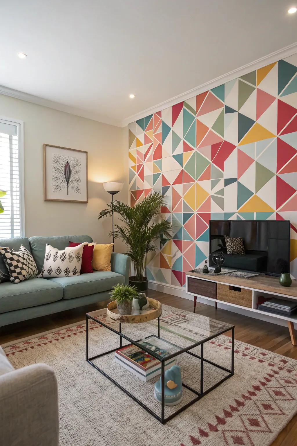 A living room showcasing a dynamic symmetrical arrangement wall, injecting a modern elegance into the setting.