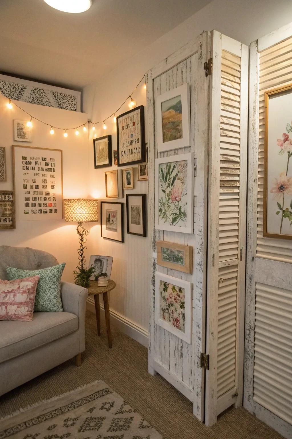 Art prints creatively presented on vintage window treatments in a shabby chic setting.