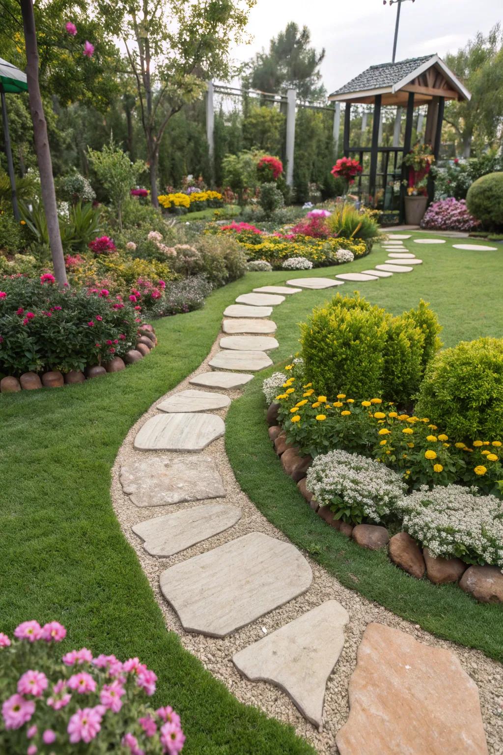 Quaint walkways give character to your synthetic turf garden.