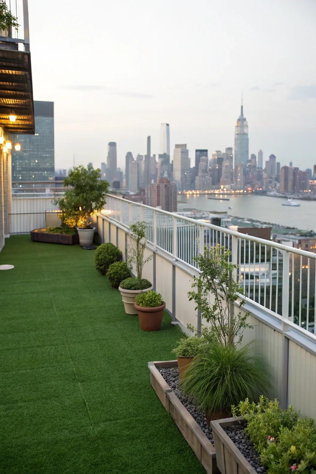 Boost your urban way of life by using an elevated outdoor area using simulated lawn.