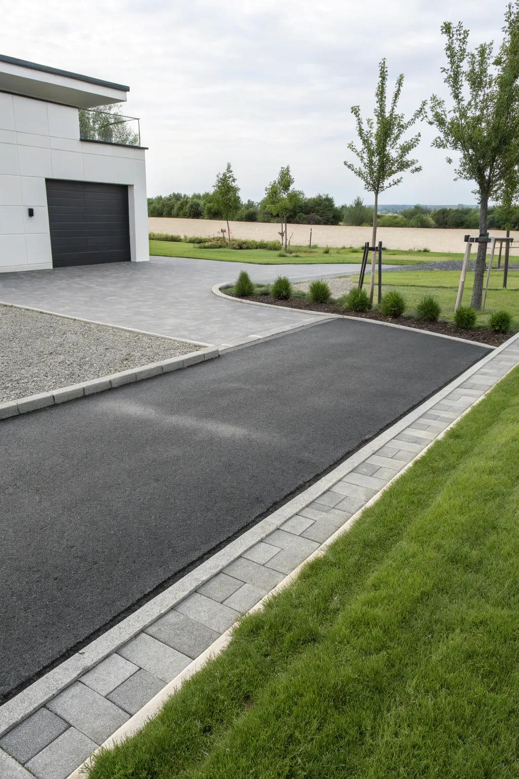Smoothstone pavers create a chic, modern border for this stylish driveway.