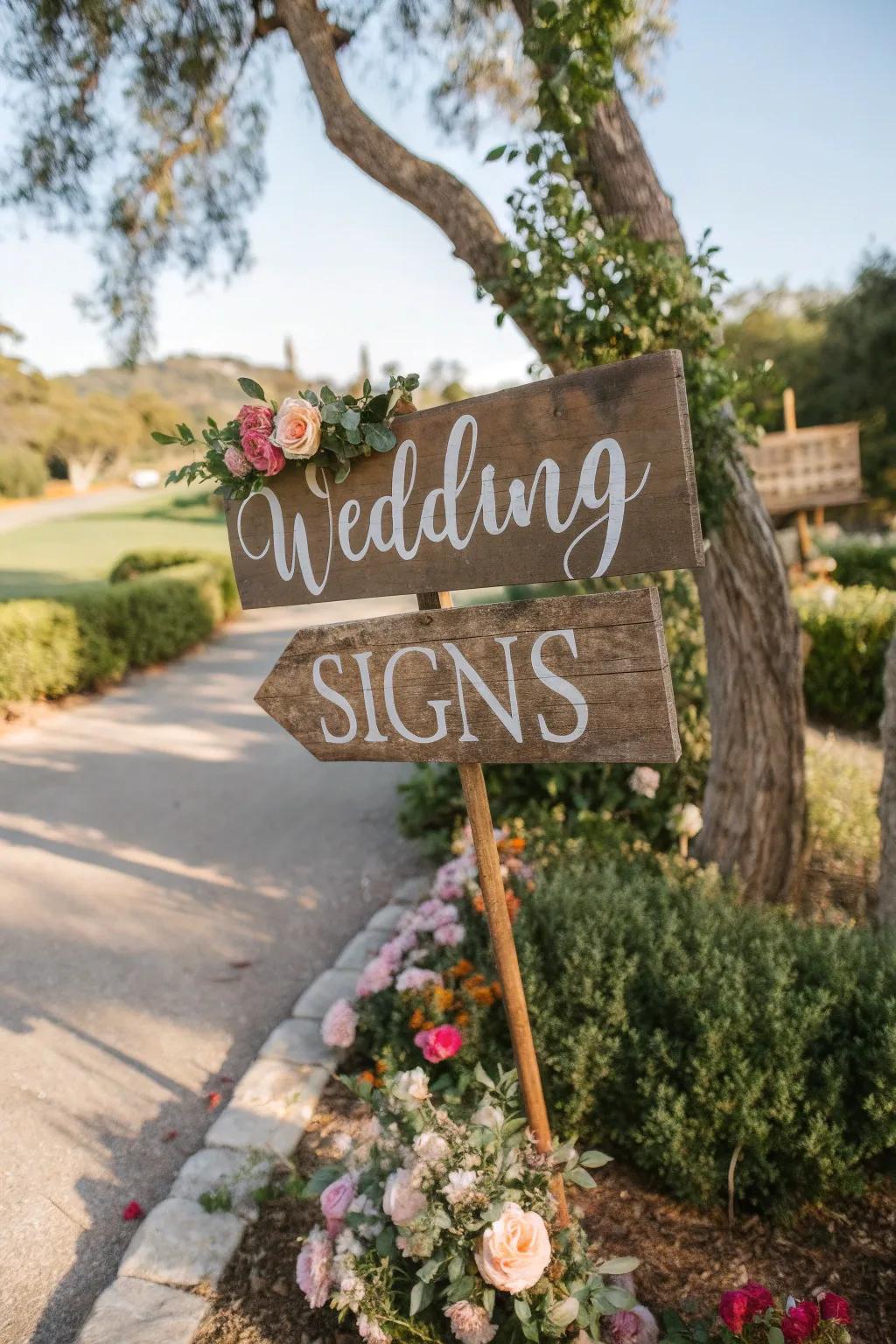Countryside timber plaques lend an intimate feel to the wedding festivities.