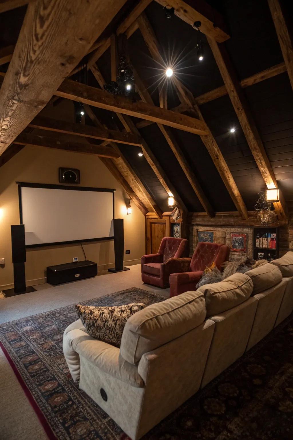 Delight in cinematic evenings within your attic turned home cinema.