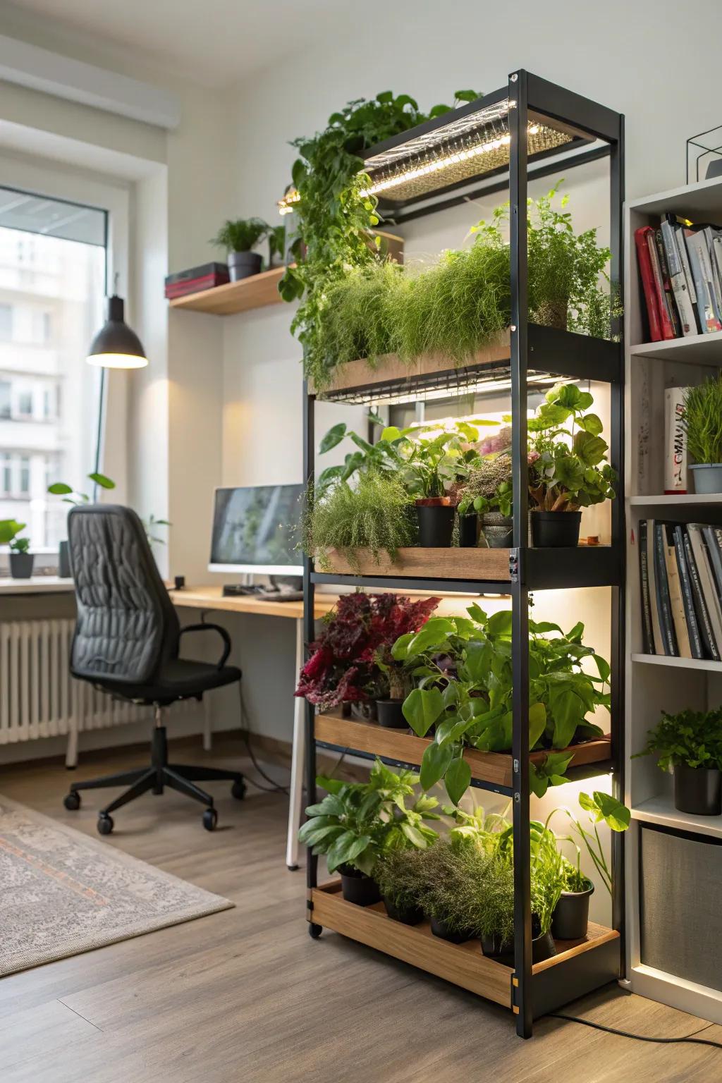 Vertical shelving accentuated by integrated grow lights, showcasing vibrant vegetation.