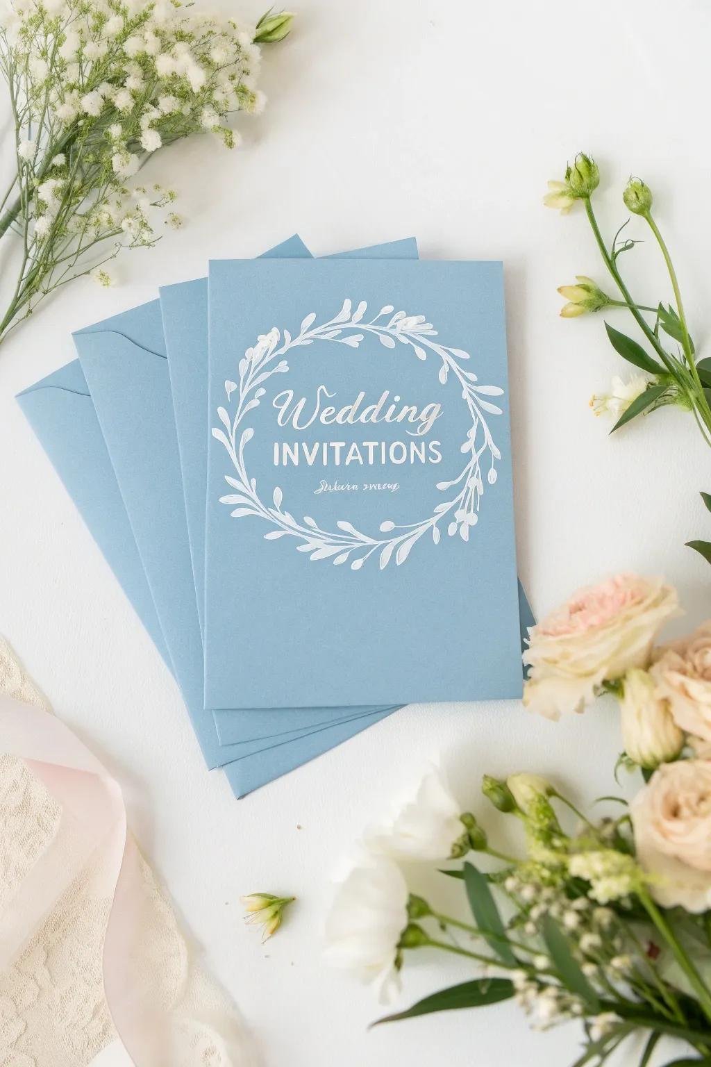 Sky-tinted invitations present a serene glimpse of your special celebration.