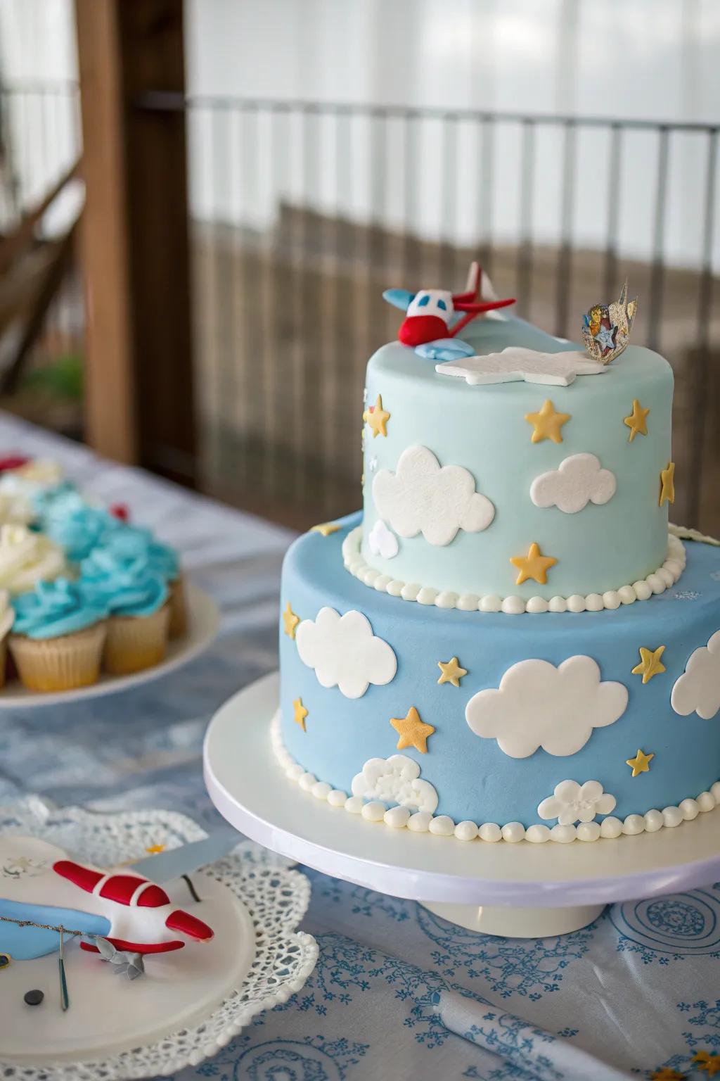 A sky-themed cake featuring whimsical clouds and airplane decorations.