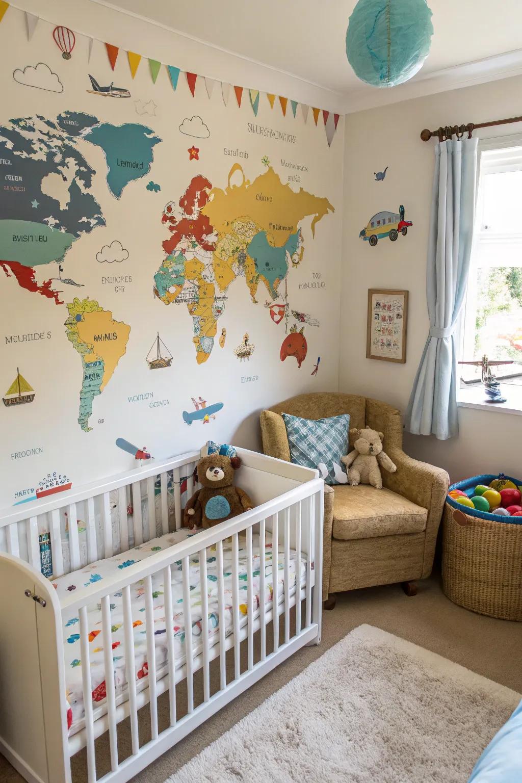 Wall art themed around adventure infuses a sense of exploration into the nursery.