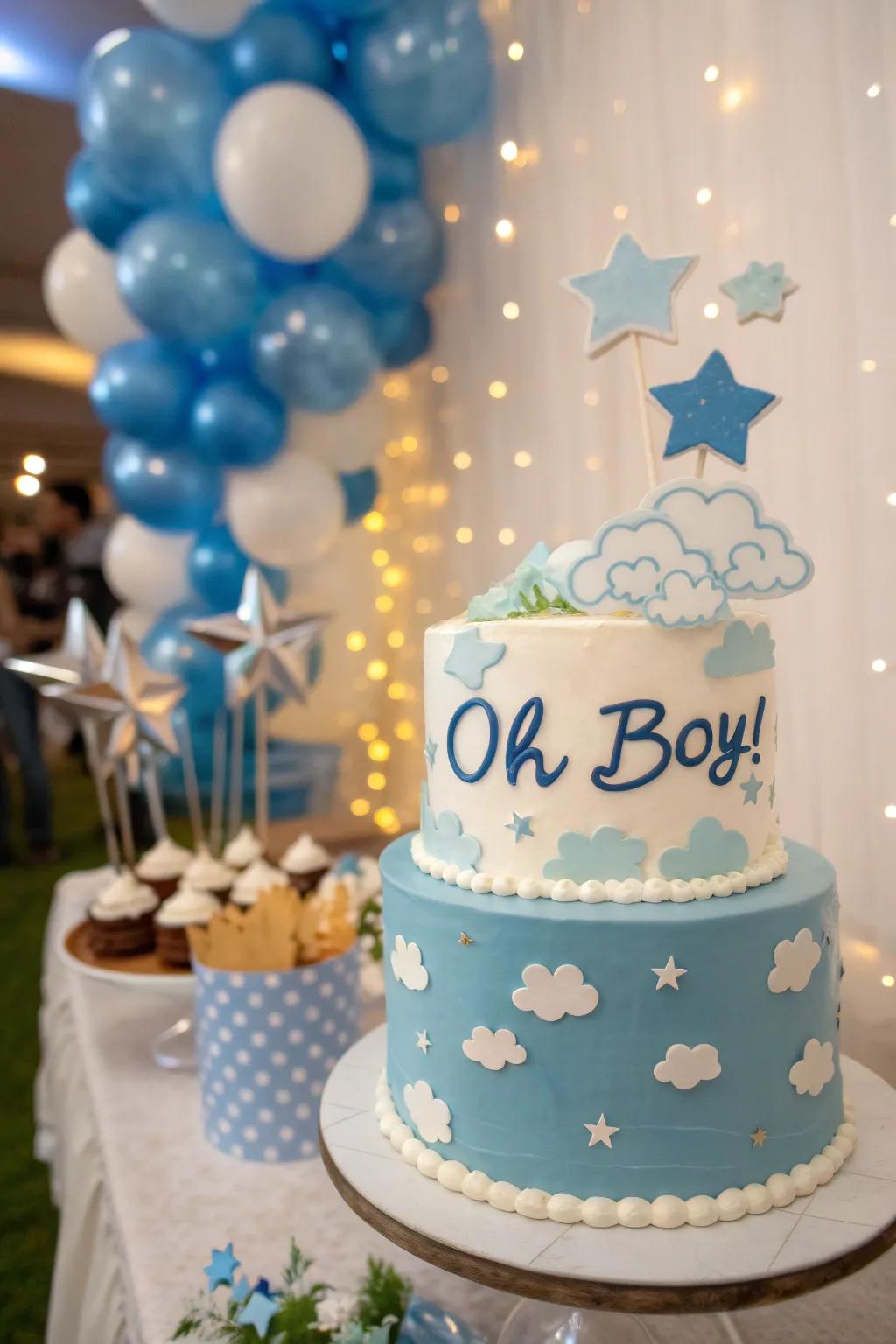 A dreamy cake with clouds and stars is perfect for a baby boy shower.