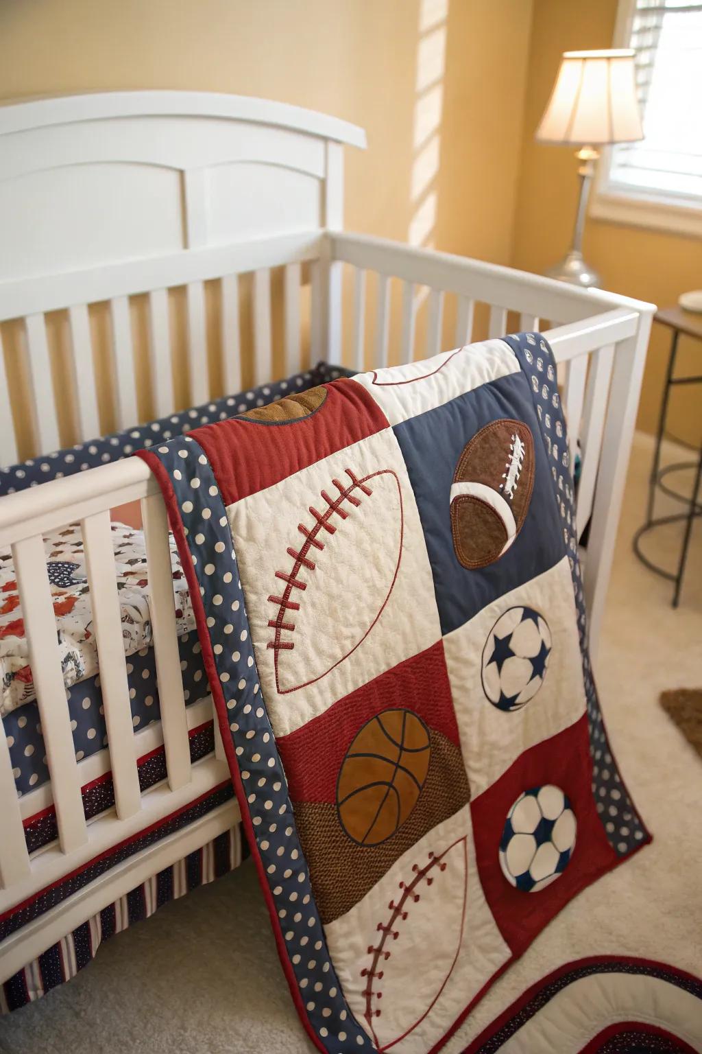 Sports-themed bedding infuses the nursery with an element of joy and absolute comfort.