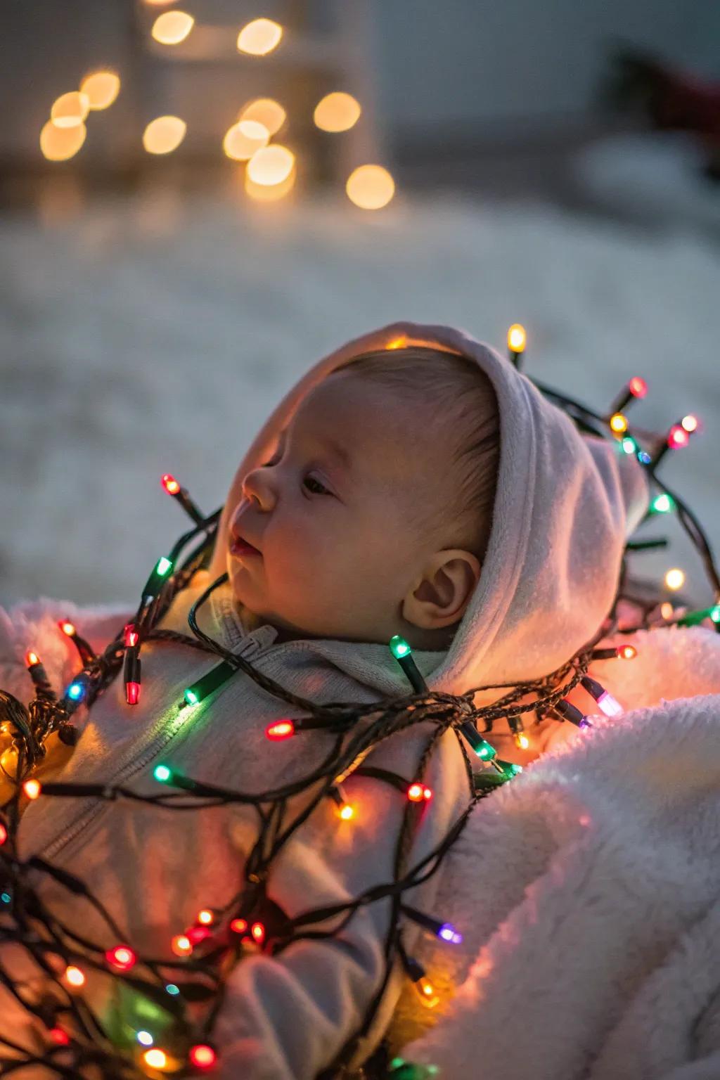 A baby softly illuminated by the glow of holiday lights.
