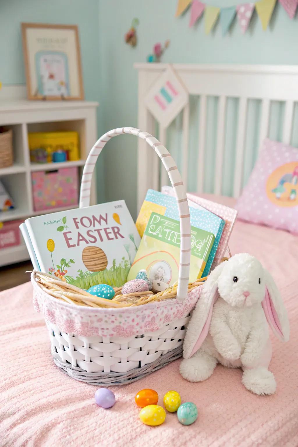 Easter-themed interactive books arranged nicely in a basket.
